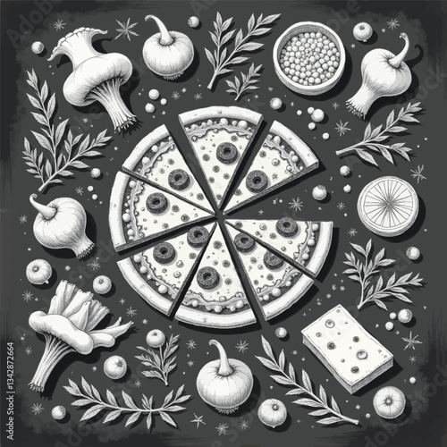 Monochrome food art of pizza and ingredients on dark backdrop