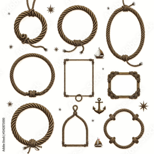 Nautical Rope Frame Elements: Knots, Anchor, Sailboats