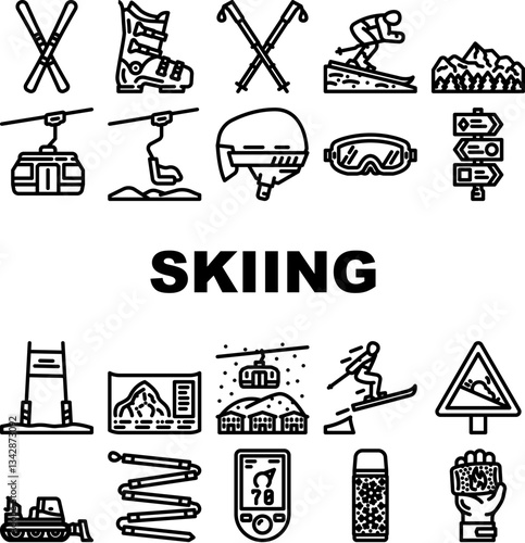 mountain winter skiing resort icons set vector