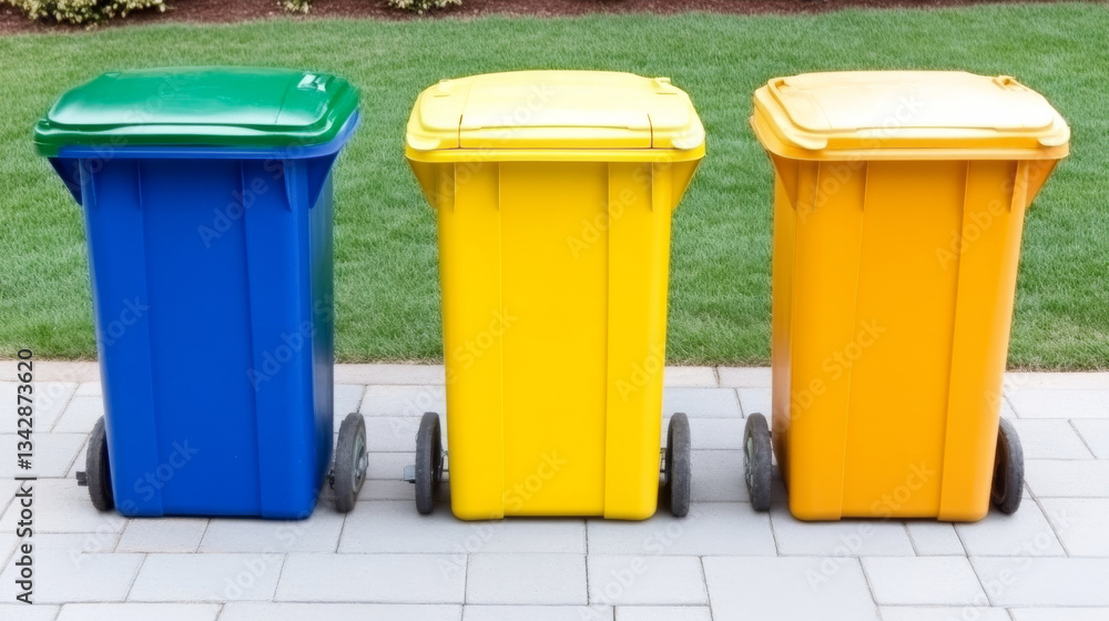 Colorful recycling bins arranged neatly on paved surface, promoting eco friendly practices Colorful recycling bins arranged neatly on paved surface, promoting eco friendly practices