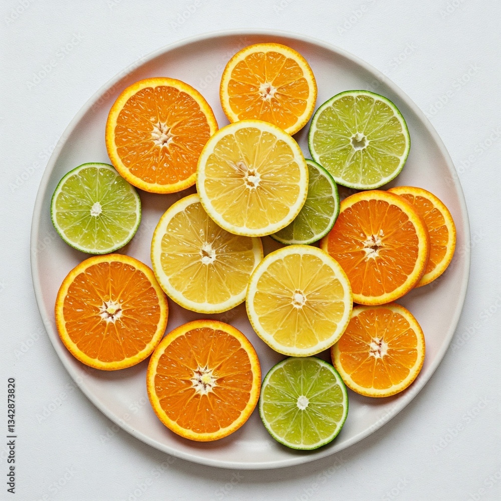 freshly sliced citrus fruits on white plate - oranges, lemons and limes - vibrant colors - healthy food background - summer mood freshly sliced citrus fruits on white plate - oranges, lemons and limes - vibrant colors - healthy food background - summer mood