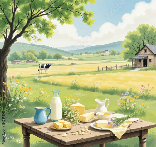 Pastoral Dairy Scene, Milk, Cheese, and a Cow in a Field