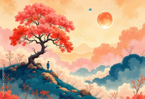 Person on Hilltop Gazing at Fantasy Sky with Planets