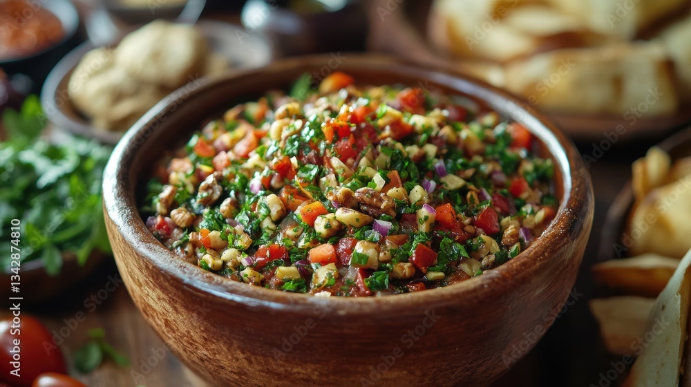 A vibrant, aromatic dip, Muhammara, a symphony of walnut and roasted red pepper, its rich, earthy flavors tantalizingly awaiting the first bite. A vibrant, aromatic dip, Muhammara, a symphony of walnut and roasted red pepper, its rich, earthy flavors tantalizingly awaiting the first bite.