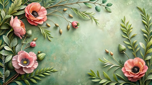 Elegant floral arrangement with pastel poppies and lush greenery on a textured background, perfect for invitations, cards, or decorative prints.