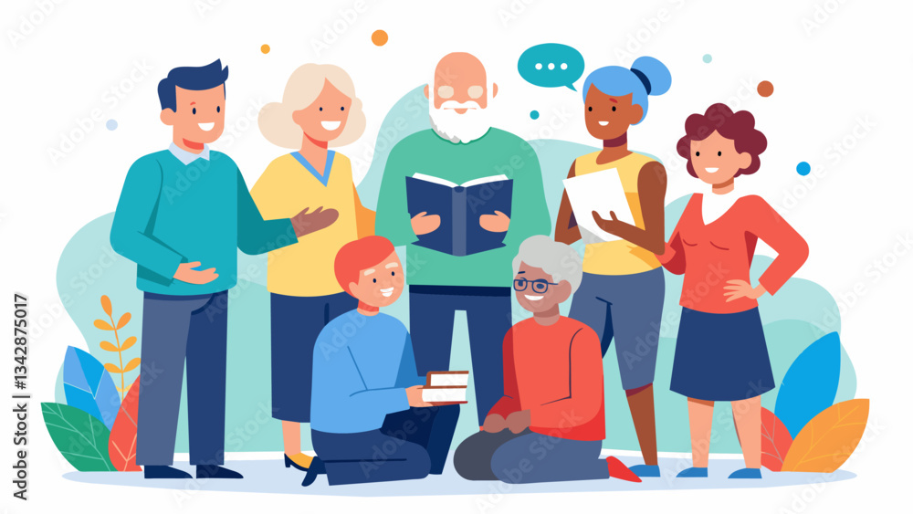 A group of retired teachers volunteer their time to provide life coaching sessions to seniors helping them find new hobbies passions and ways to stay mentally sharp and engaged.. Vector illustration A group of retired teachers volunteer their time to provide life coaching sessions to seniors helping them find new hobbies passions and ways to stay mentally sharp and engaged.. Vector illustration
