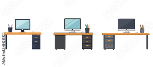 Office Desk with Computer Vector Illustration Set