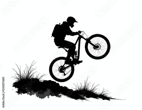 Silhouette of a mountain biker doing a wheelie jump