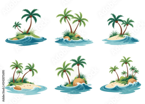 Six Cartoon Palm Tree Islands with Waves