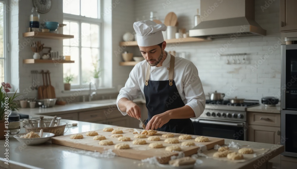 Focused Baker Diligently Portions Cookie Dough in a Bright and Stylish Kitchen Focused Baker Diligently Portions Cookie Dough in a Bright and Stylish Kitchen
