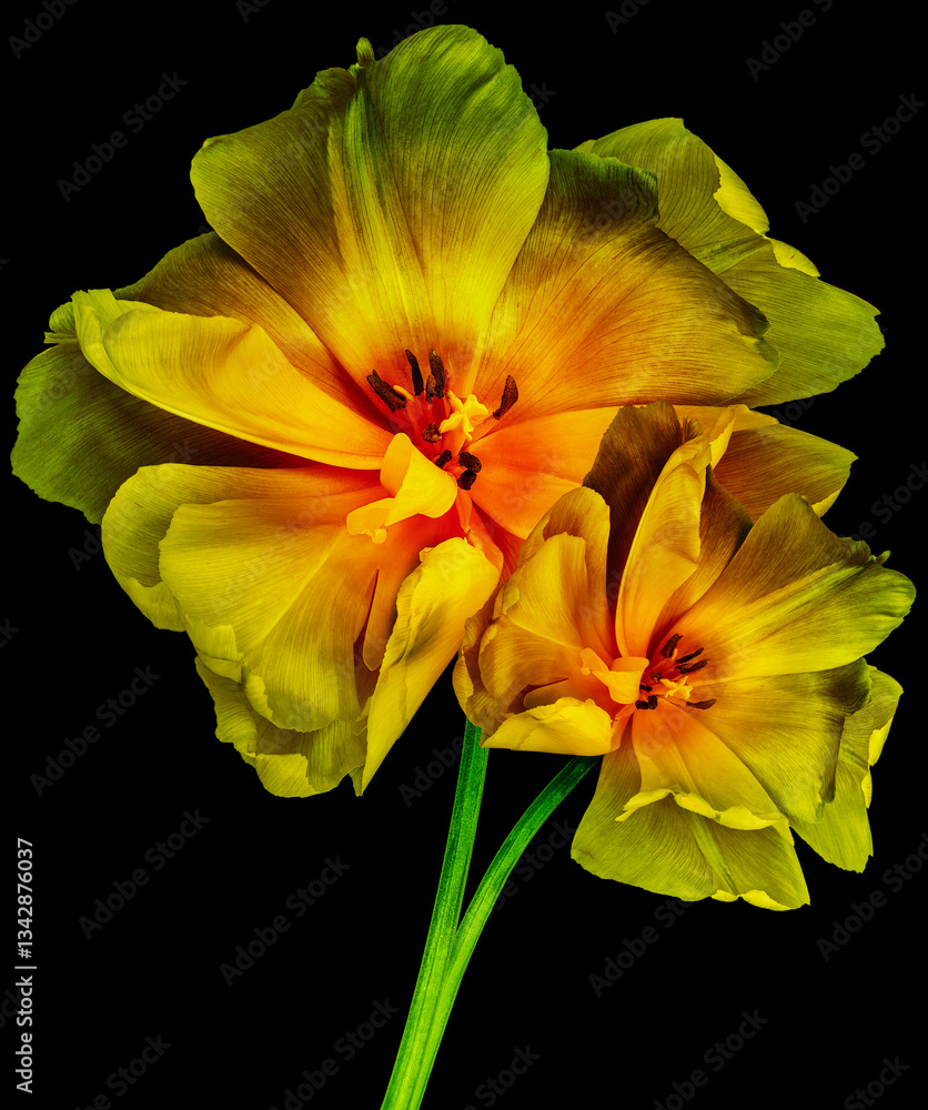Fototapeta premium Yellow tulip. Flower on black isolated background with clippi