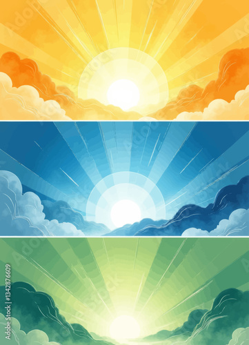 Sunrise Sky Color Palette with Clouds and Light Rays