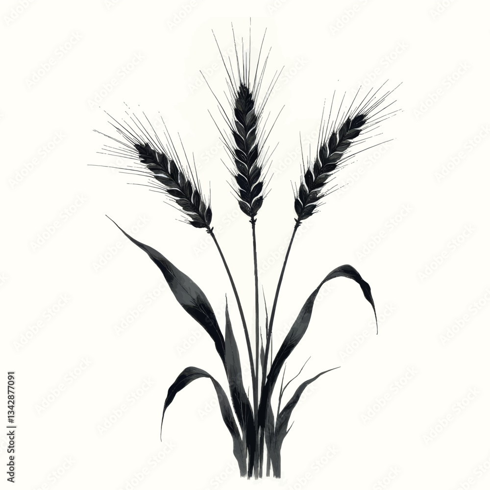 Three stalks of wheat ink illustration, isolated Three stalks of wheat ink illustration, isolated