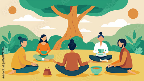 A group meditation under the shade of a tree with a meditation guide leading and soothing sound bowls playing in the background.. Vector illustration