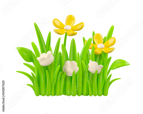 Cartoon grass with leaves and flowers vector 3d illustration. Green meadow Easter decoration, horizontal border icon. Spring design element isolated on white background