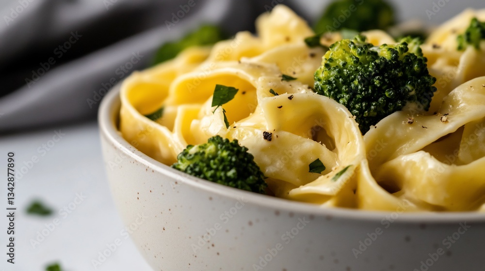 Delicious fettuccine alfredo with fresh broccoli on a cozy neutral background Delicious fettuccine alfredo with fresh broccoli on a cozy neutral background