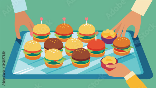 A tray of bitesized sliders being passed around friends carefully selecting their preferred toppings and sauces to create their perfect miniburger.. Vector illustration