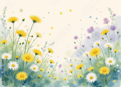 Watercolor floral meadow with daisies and dandelions