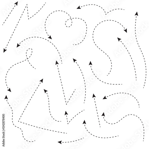 Set of black dotted arrows in doodle style. Broken arrows in the form of a loop. Flow direction. Pointers to the wire, up, down. Curved line. Vector illustration. 