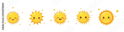 Whimsical Sun Cartoon Character Set with Facial Expressions