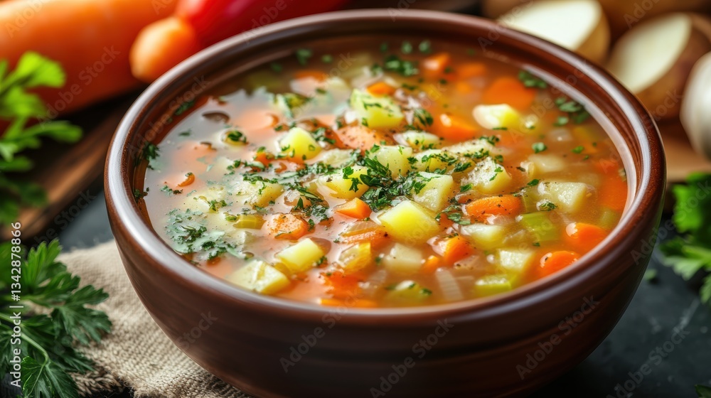 A vibrant tapestry of colorful vegetables, including carrots, celery, potatoes, and onions, simmered in a fragrant broth, garnished with fresh herbs and a sprinkle of spices. A vibrant tapestry of colorful vegetables, including carrots, celery, potatoes, and onions, simmered in a fragrant broth, garnished with fresh herbs and a sprinkle of spices.