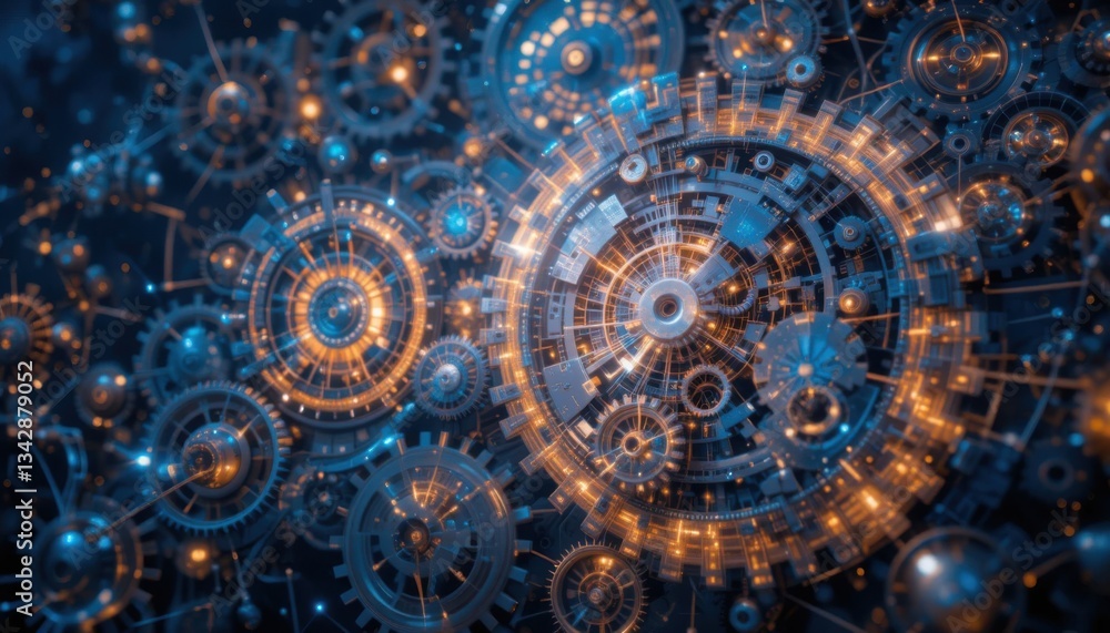 Fototapeta premium Mesmerizing Gear Background Intricate Machinery and Sparkling Blue Particles