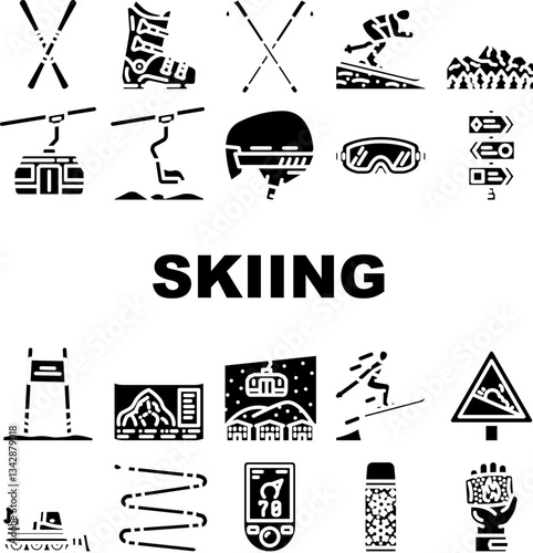 mountain winter skiing resort icons set vector