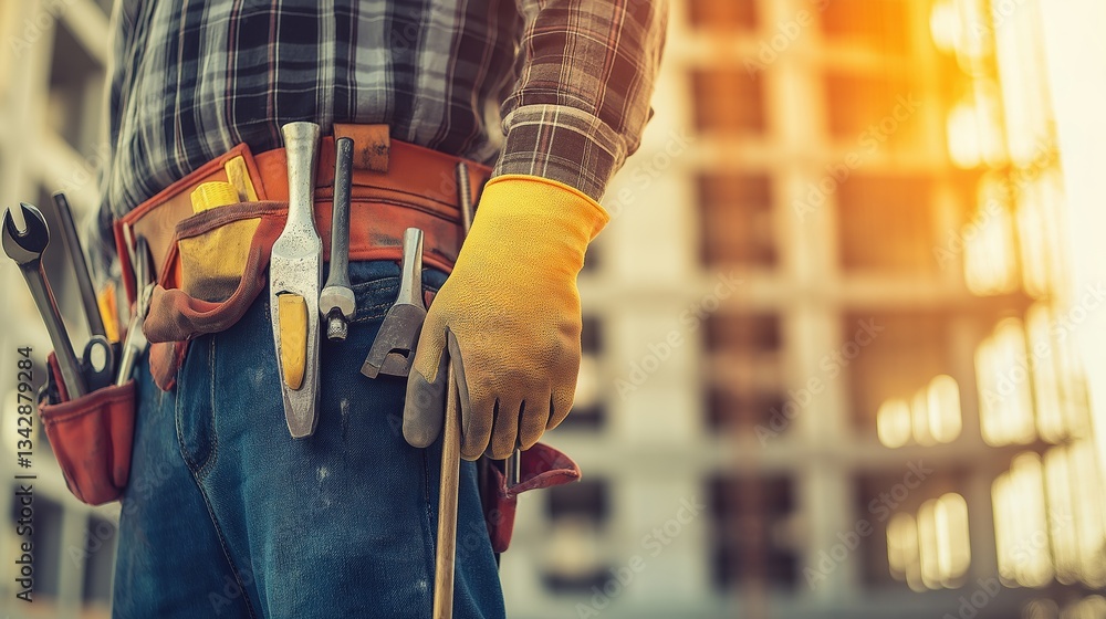 Construction worker with tool belt at sunset Construction worker with tool belt at sunset