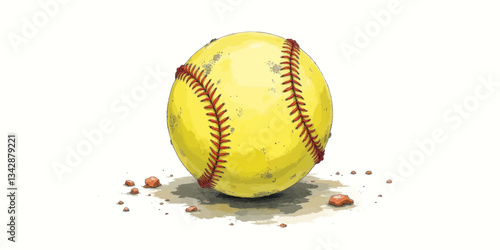 Worn Yellow Softball With Red Seams On Gritty Surface