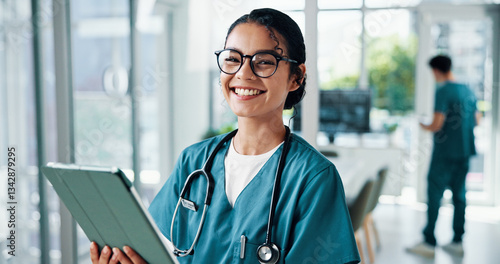 Slika na platnu Nurse, woman and portrait with tablet in hospital for telehealth, online medical records or healthcare report