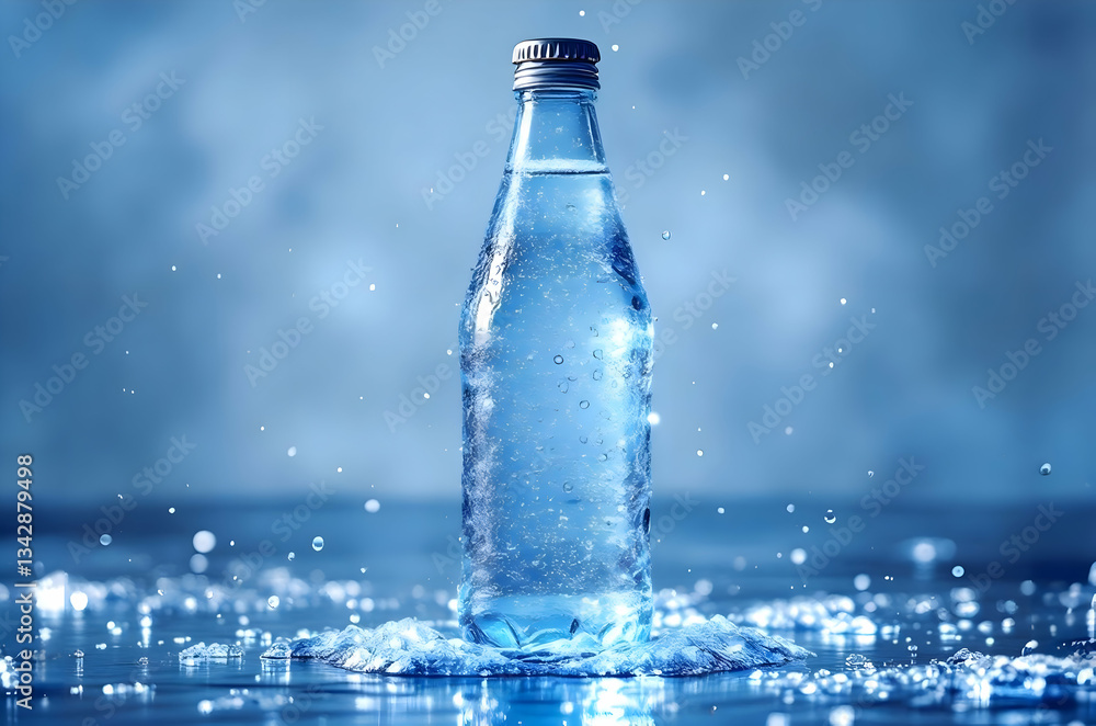 Refreshing Cold Sparkling Water Bottle with Ice and Droplets Refreshing Cold Sparkling Water Bottle with Ice and Droplets