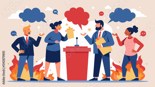 The air is filled with the sound of persuasive arguments and heated discussions as the debate team prepares for their showdown.. Vector illustration