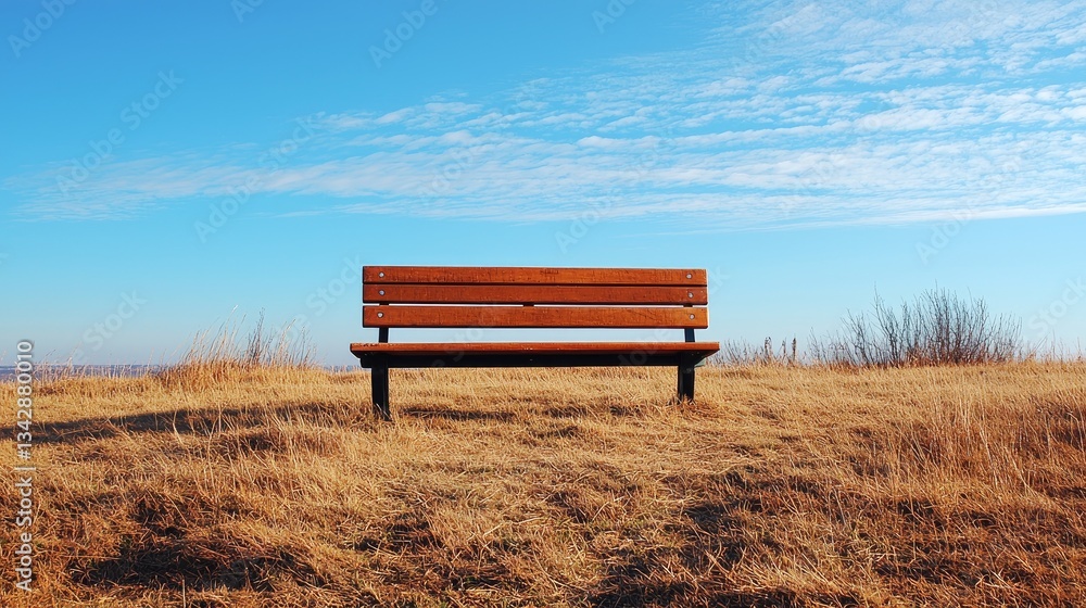 A solitary wooden bench on a grassy hill under a clear blue sky A solitary wooden bench on a grassy hill under a clear blue sky