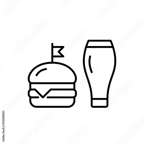 Tall beer glass for draught on tap and cheeseburger. Lunch or snacks at pub. Restaurant bar menu. Pixel perfect, editable stroke vector icon
