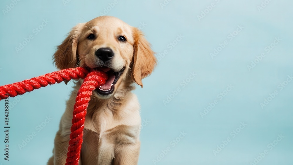 Dog playtime routines concept Golden retriever puppy holding a red rope toy against a light background. Dog playtime routines concept Golden retriever puppy holding a red rope toy against a light background.
