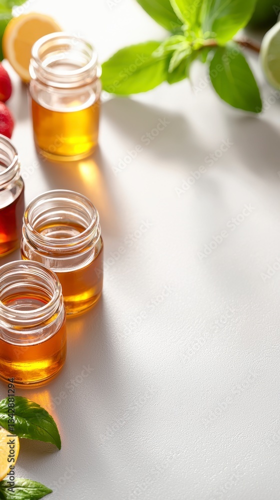 Beautifully arranged table featuring a bounty of fresh fruits and a jar of honey for a bright and flavorful display Beautifully arranged table featuring a bounty of fresh fruits and a jar of honey for a bright and flavorful display