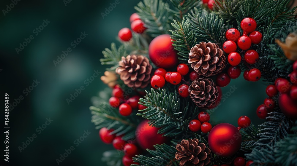 A Festive Christmas Wreath: Red Berries and Pine Cones A Festive Christmas Wreath: Red Berries and Pine Cones