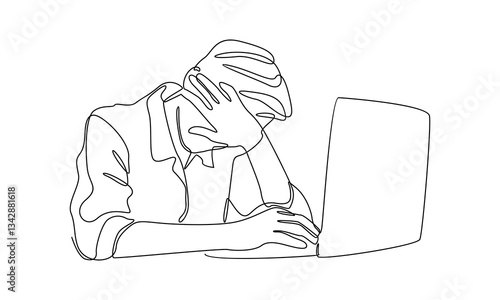 Continuous line of overworked employee is under stress with headache