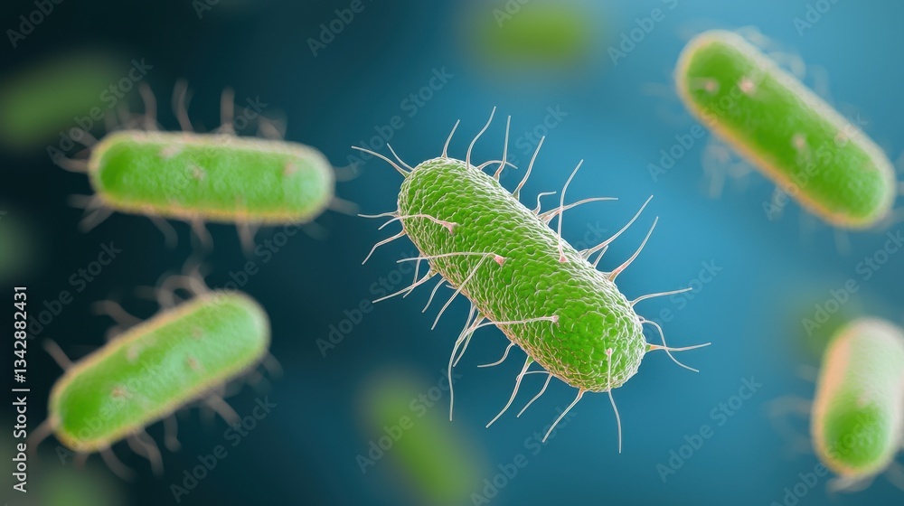Naklejka premium Green Bacteria with Hairlike Projections in Microbiology Background
