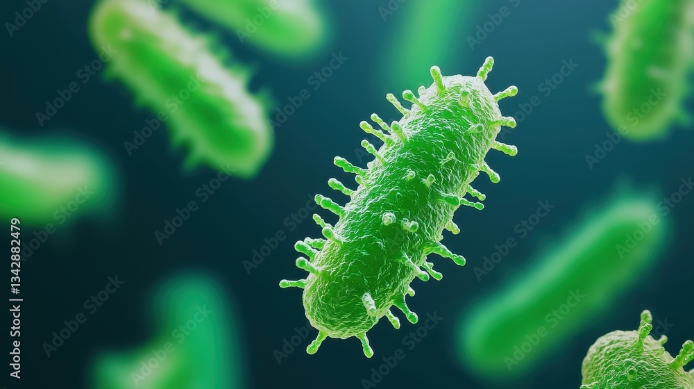 Naklejka premium Bright Green Bacteria Under Microscope on Dark Background