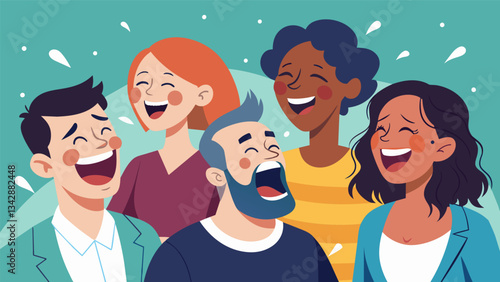 A group of individuals with tears in their eyes from laughing so hard as the the reminds them that laughter truly is the best medicine.. Vector illustration