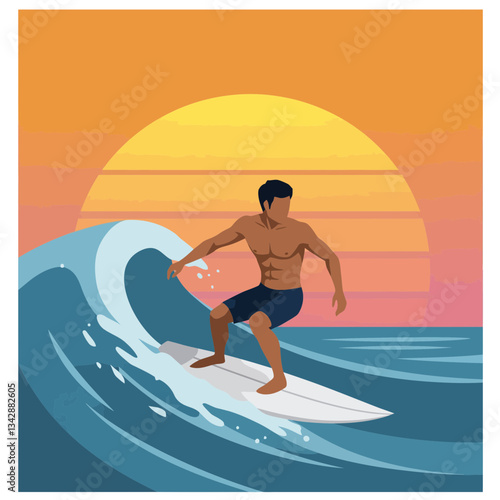 Man Surfing Wave - Vector Illustration