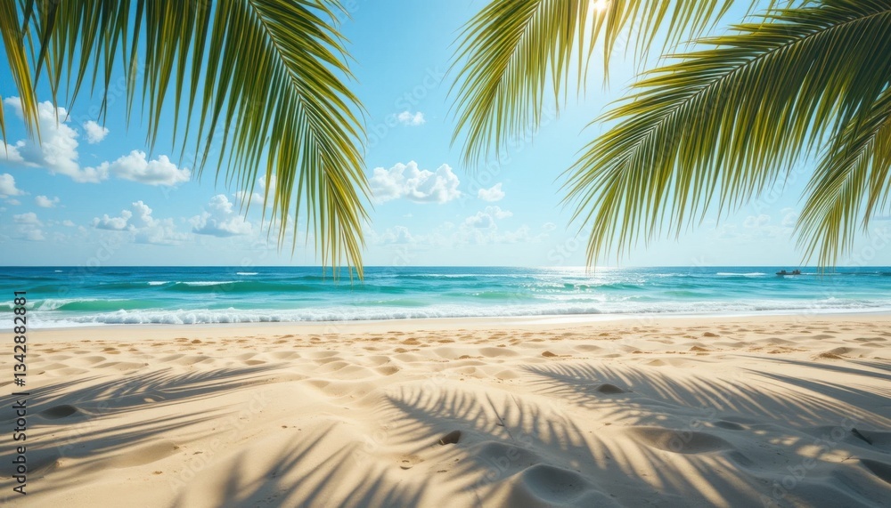 Obraz premium Serene Beach Scene Palm Shadows on Golden Sand