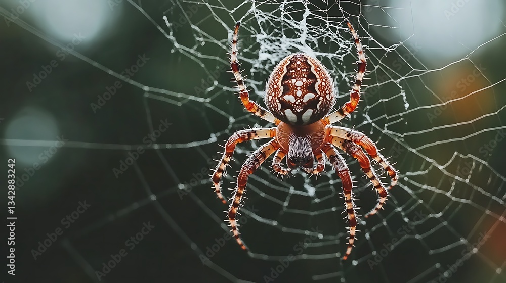 Spider on web outdoors, close-up view, foliage in background Spider on web outdoors, close-up view, foliage in background