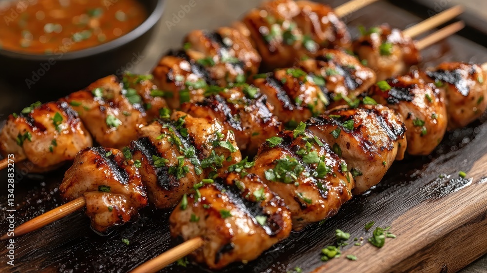 Marinated chicken skewers, grilled to perfection, adorned with a rich peanut sauce, a symphony of flavors and textures. Marinated chicken skewers, grilled to perfection, adorned with a rich peanut sauce, a symphony of flavors and textures.