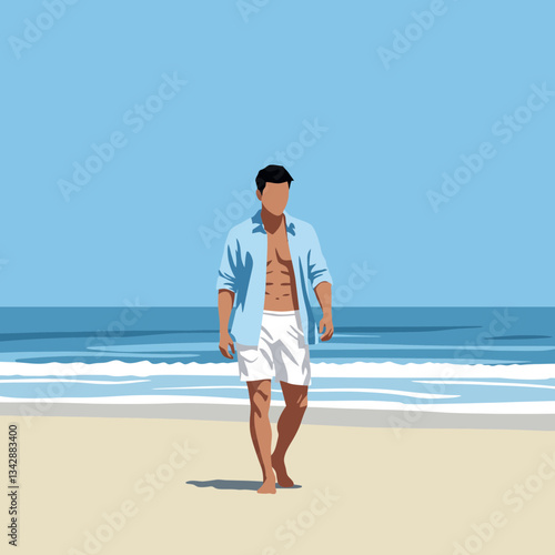 Man Walking on Beach - Vector Illustration