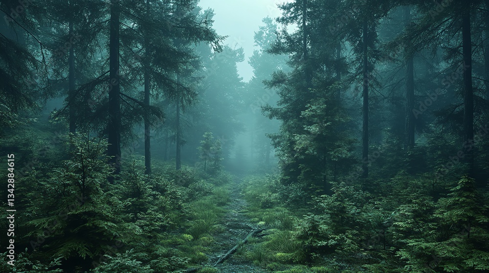 Obraz premium Smog Contamination Degradation, Misty Aerial View of Forested Landscape Obscured by Hazy Atmosphere
