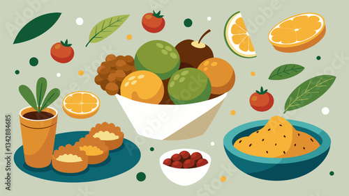 A tantalizing array of Mediterranean delights featuring juicy olives crispy falafel and smooth hummus.. Vector illustration