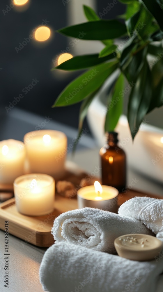 Essential Oils and Candles in a Warm, Serene Bath Setting Essential Oils and Candles in a Warm, Serene Bath Setting