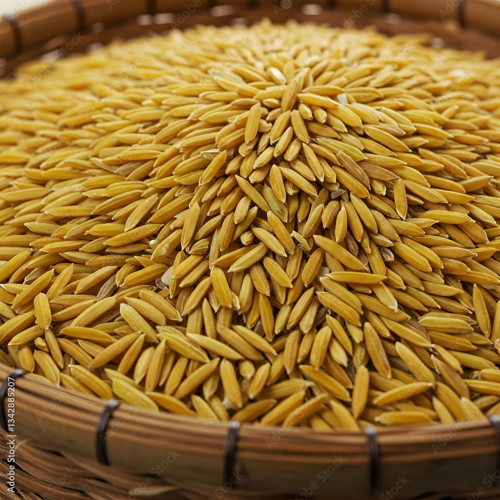 Obraz premium A woven bamboo basket filled with golden rice grains.